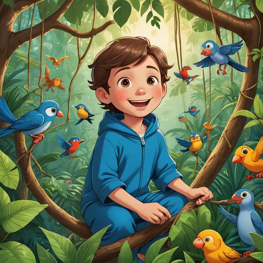 a boy sitting on a branch in a forest with birds around him and a forest background with birds flying around him, lyco art, a storybook illustration, Diego Gisbert Llorens, storybook illustration