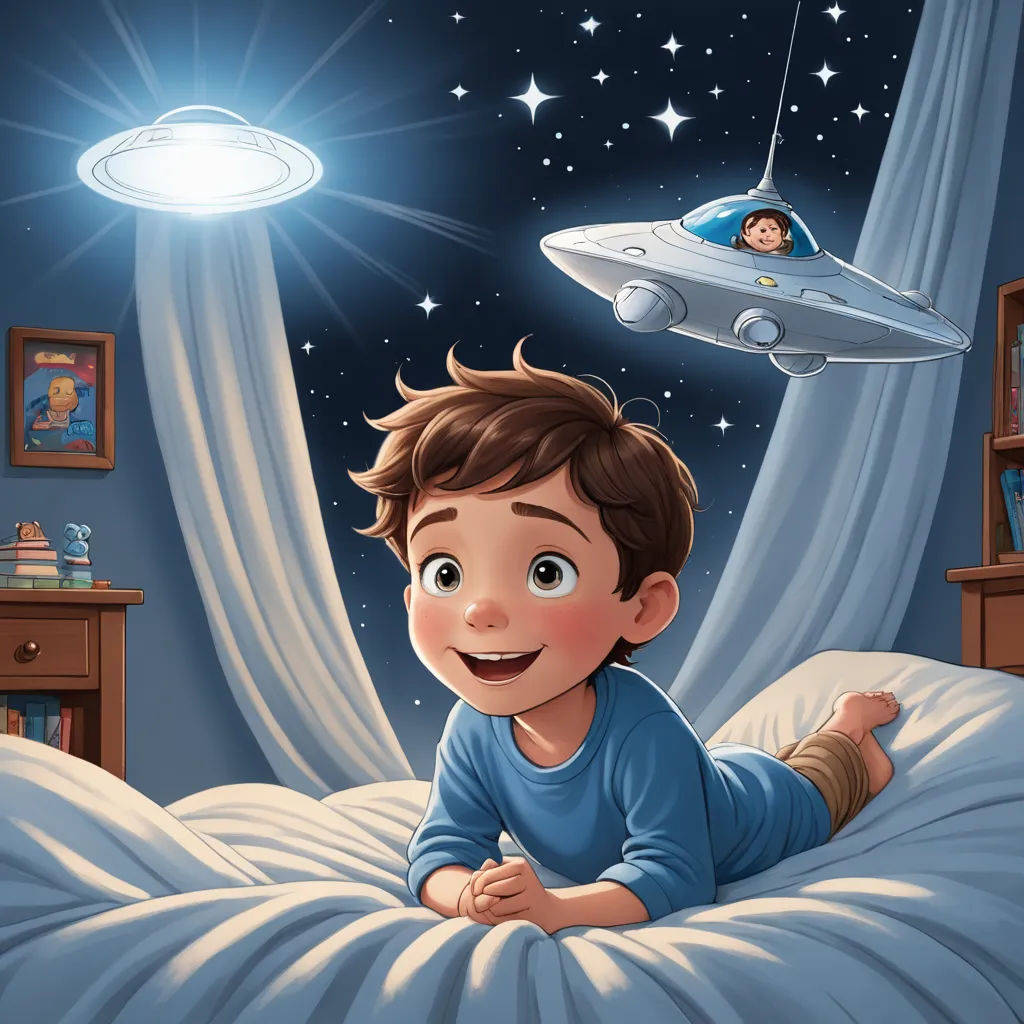 a boy laying on a bed with a spaceship above him and a flying saucer above him in the night sky, space art, a storybook illustration, Diego Gisbert Llorens, storybook illustration
