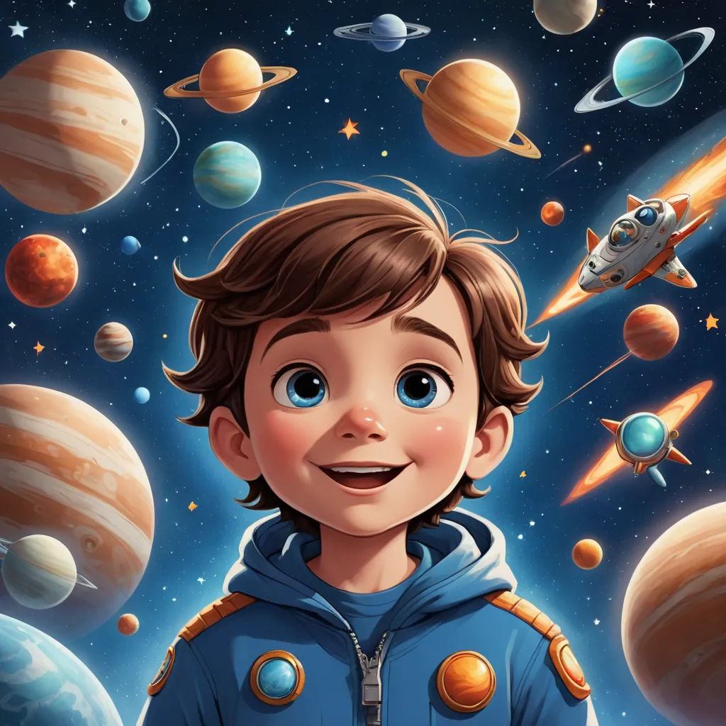 a boy in a space suit surrounded by planets and stars, with a spaceship in the background, and a spaceship in the foreground, space art, a storybook illustration, Aaron Jasinski, highly detailed digital painting