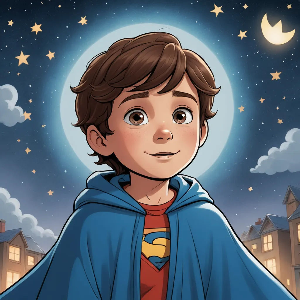 a cartoon boy in a cape standing in front of a full moon and stars sky with a full moon behind him, sots art, a character portrait, Cliff Childs, comic cover art