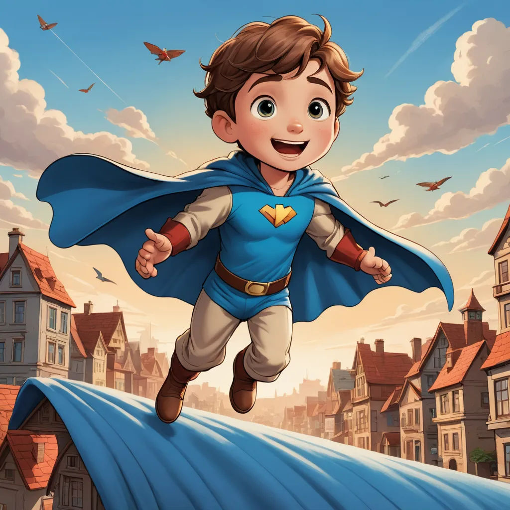 a boy in a blue cape is running on a roof with a bird flying overhead in the sky above, sots art, a storybook illustration, Diego Gisbert Llorens, official art