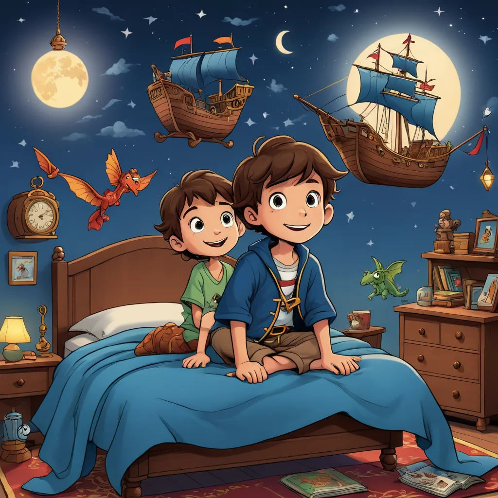 a boy and a girl sitting on a bed with a pirate ship in the background and a full moon, lyco art, a storybook illustration, Diego Gisbert Llorens, storybook illustration