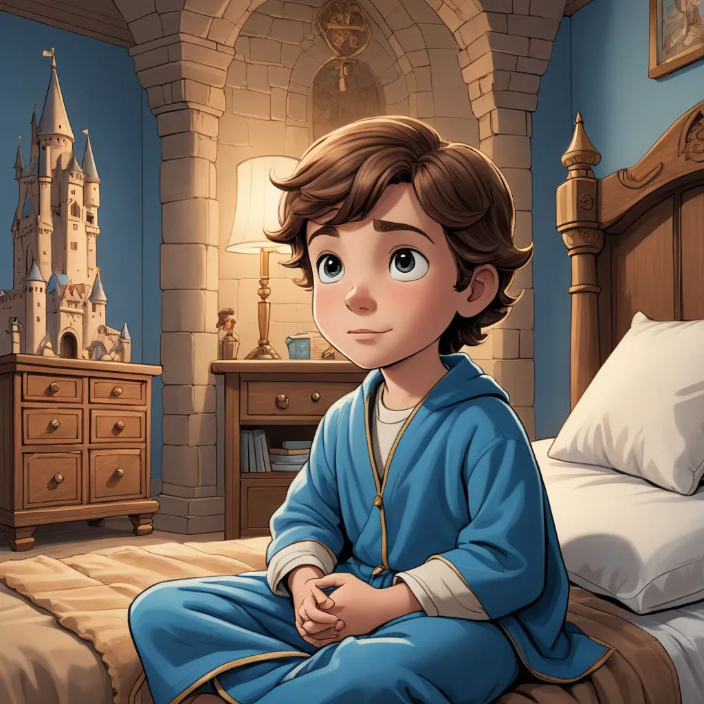 a cartoon boy sitting on a bed in a bedroom with a castle in the background and a clock tower, fantasy art, a storybook illustration, Diego Gisbert Llorens, storybook illustration