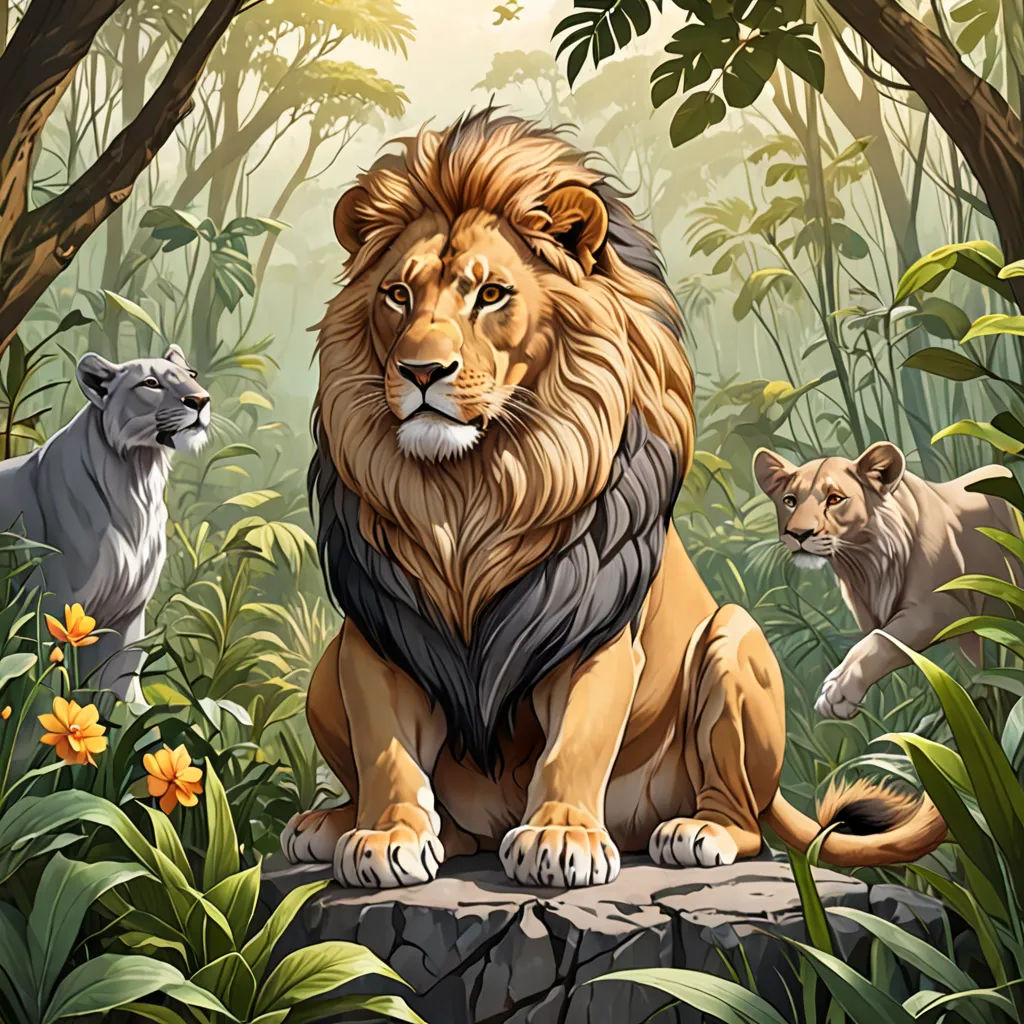 a lion and two lions in a jungle setting with flowers and trees around it, and a third lion is sitting on a rock, furry art, a poster, Chris LaBrooy, official art