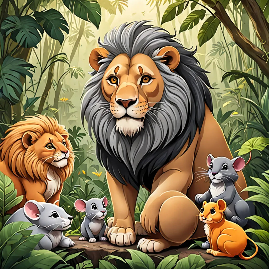 a lion and two other animals in a jungle setting with trees and foliage behind them, with a baby lion sitting on the ground, furry art, a storybook illustration, Chris LaBrooy, jungle