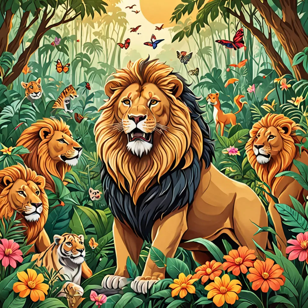 a lion surrounded by other animals in a jungle setting with butterflies and flowers on the ground and trees and flowers on the ground, psychedelic art, a storybook illustration, Chris LaBrooy, detailed illustration
