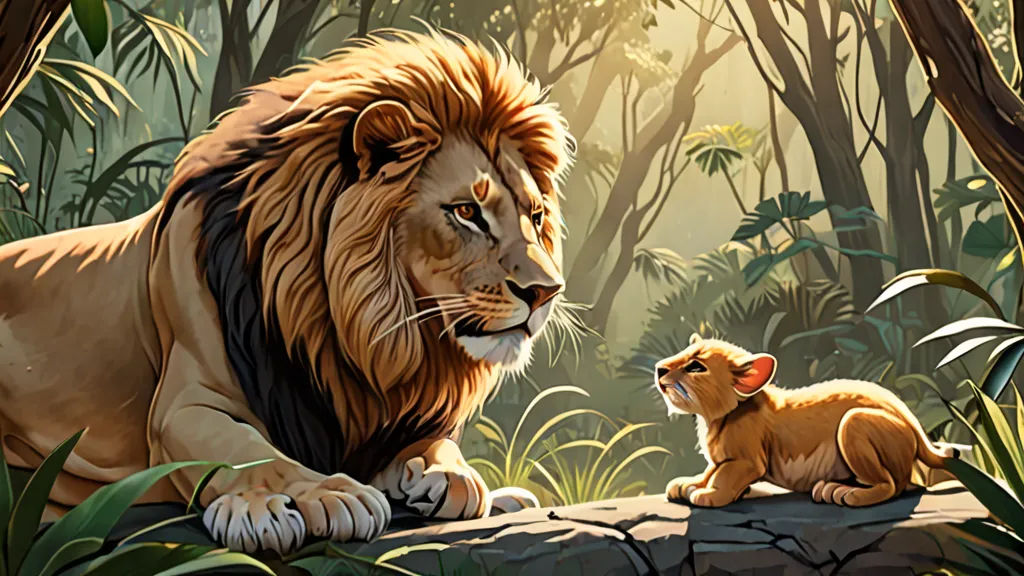 One sunny day, the lion was resting in the clearing when the mouse accidentally stumbled upon his tail. Startled, the lion woke up and caught the mouse.