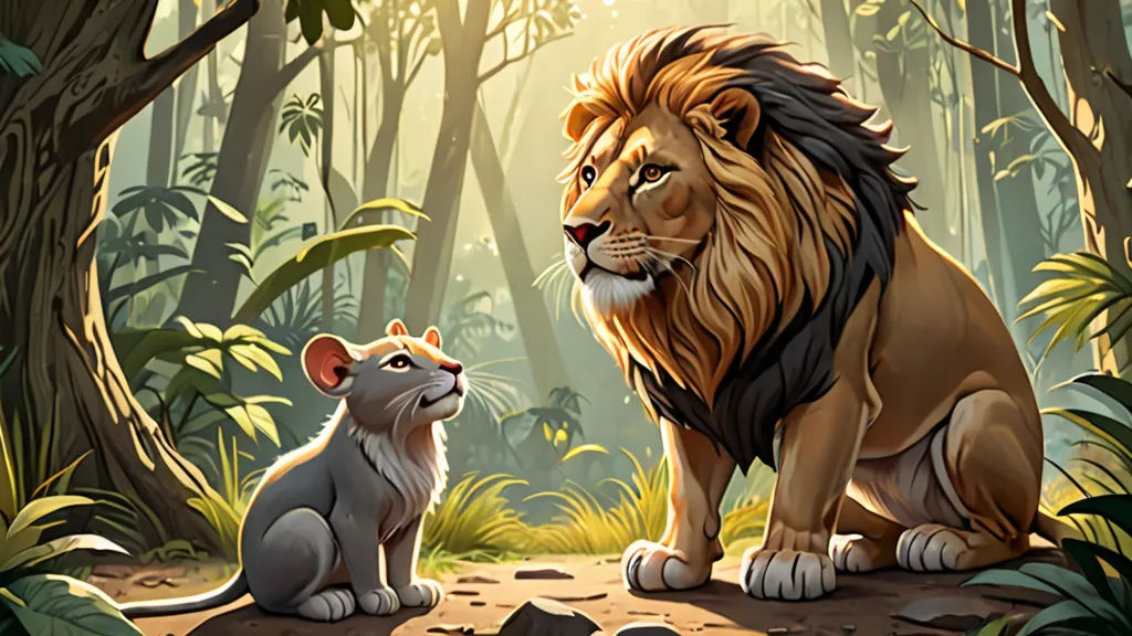 The mouse pleaded with the lion, promising to help him someday in return. The lion laughed at the idea but decided to let the mouse go, amused by her bravery.