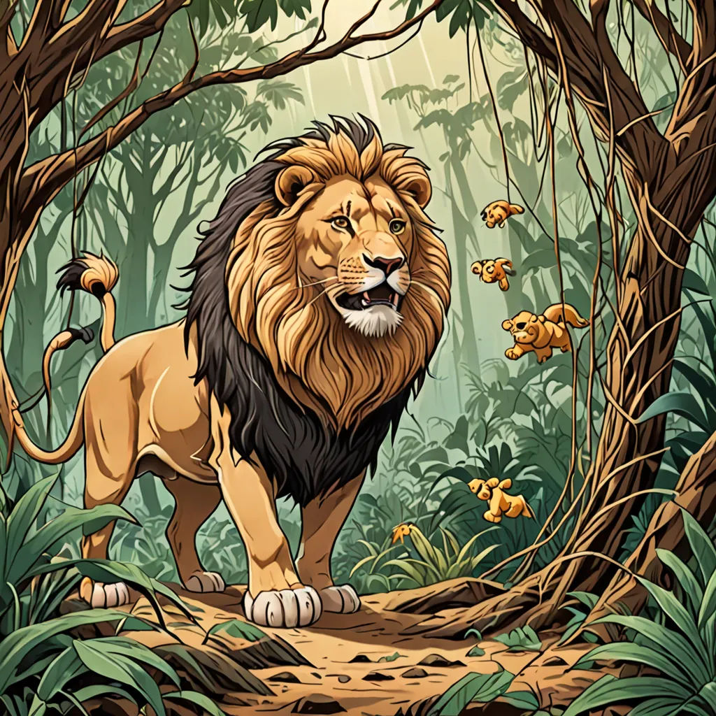 a lion in the jungle with a lot of leaves and flowers around it, and a tree with a few leaves, fantasy art, a storybook illustration, Chris LaBrooy, jungle
