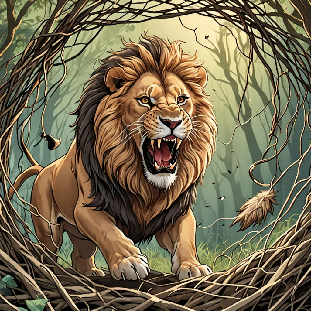 a lion is in a nest with its mouth open and it's mouth wide open, with its mouth wide open, fantasy art, a digital rendering, Chris LaBrooy, highly detailed digital painting