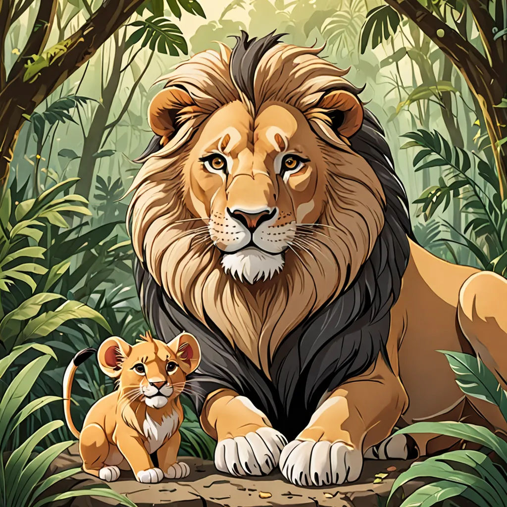 a lion and a cub sitting in the jungle together, with a background of trees and foliage, with a sunlit area behind them, furry art, a storybook illustration, Chris LaBrooy, official art