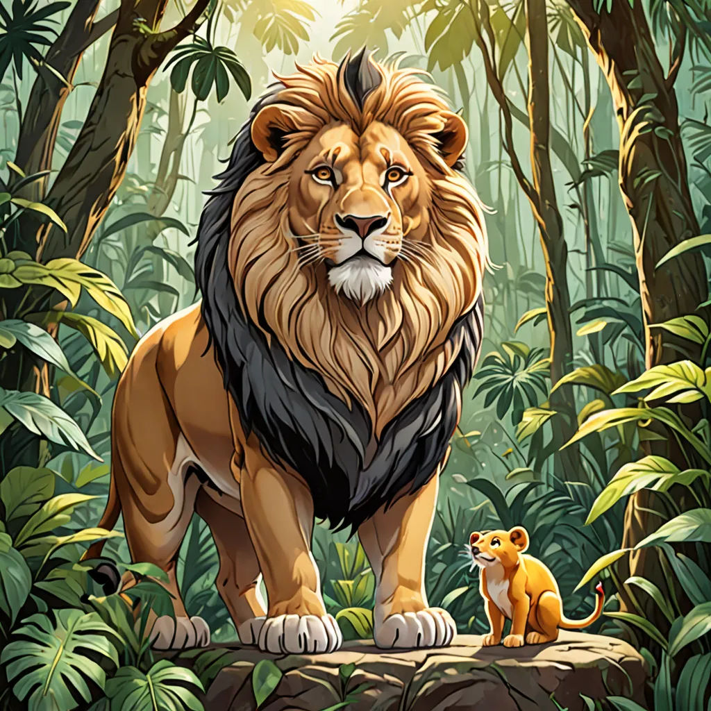 a lion and a lion cub standing in the jungle together, with a background of trees and foliage, with a sun shining through the leaves, sots art, a poster, Chris LaBrooy, official art