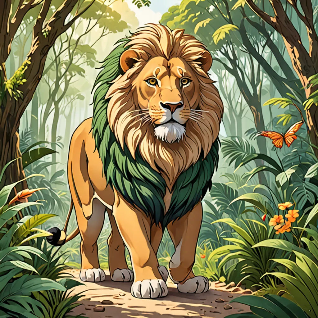 a lion standing in the middle of a jungle with butterflies flying around it and a butterfly flying above it, fantasy art, a character portrait, Chris LaBrooy, official art