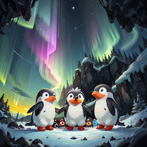 three penguins are standing in the snow under the aurora lights in the sky, with a penguin family in the foreground