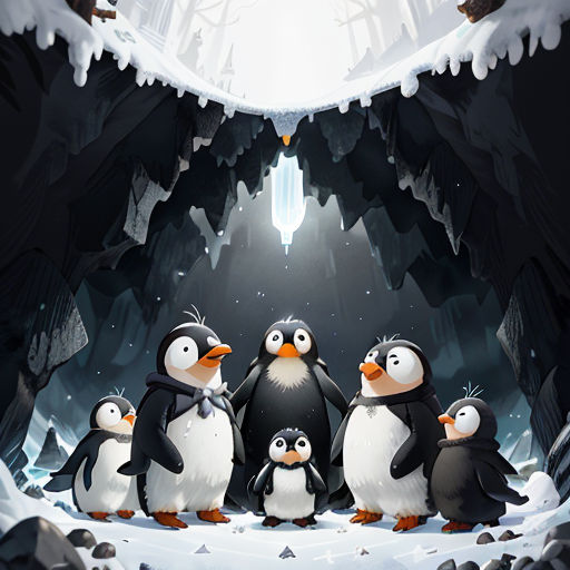a group of penguins standing in front of a waterfall with a light shining down on them and a penguin on the bottom of the picture