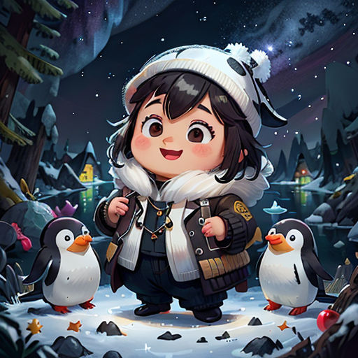 a girl in a winter outfit standing next to penguins in the snow with a penguin hat on her head