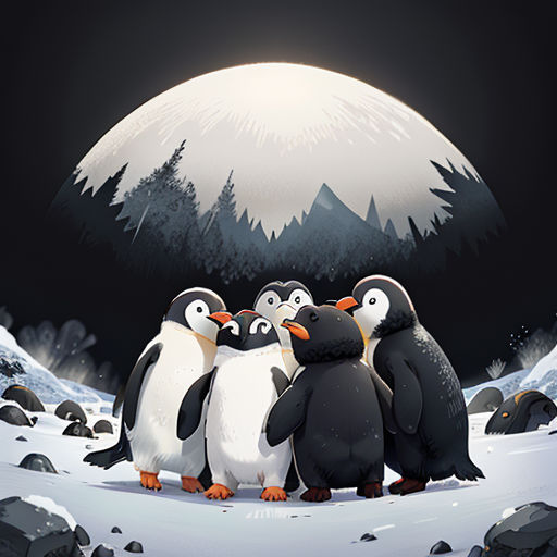 a group of penguins standing in the snow under a full moon sky with pine trees in the background and a full moon in the sky