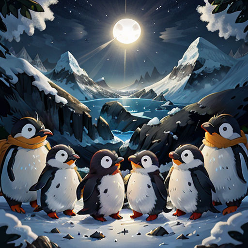 a group of penguins standing in the snow under a full moon sky with a full moon in the background