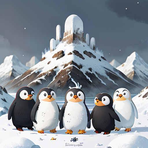 a group of penguins standing in the snow near a mountain with a castle in the background and a snow covered mountain in the background