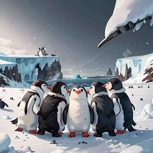 a group of penguins standing in the snow with a penguin flying above them and a penguin on a cliff