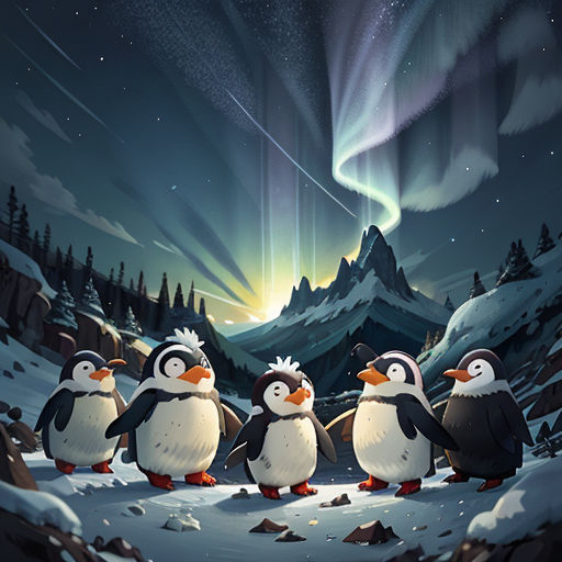 a group of penguins standing in the snow under a aurora borel light in the sky above a mountain