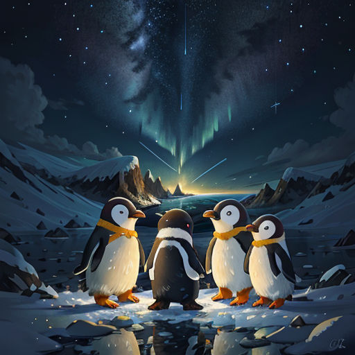 three penguins standing on a snowy surface under a night sky with stars and a bright aurora behind them, with a bright star above them