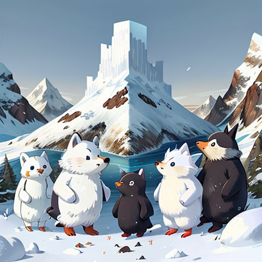a group of animals standing in the snow near a mountain range with a castle in the background and a castle in the background