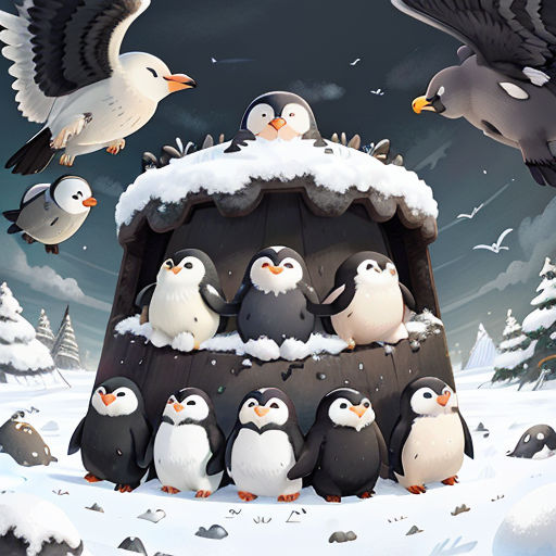 a group of penguins standing around a small hut in the snow with a bird flying over it and a flock of birds around