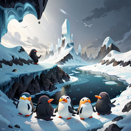 a group of penguins standing on a snowy hill next to a lake and a waterfall with a penguin floating in the water