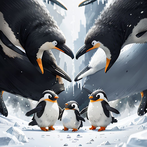 a group of penguins standing in the snow with their beaks open and penguins looking at each other with their beaks open