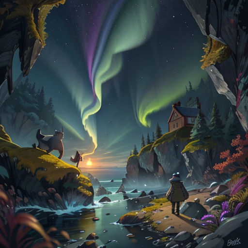a painting of a person looking at the aurora bore in the sky over a river and forest with a person standing on a rock