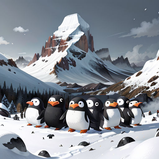 a group of penguins standing in the snow in front of a mountain range with a snow covered mountain in the background