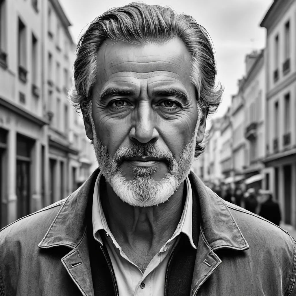 a man with a beard and a beard standing in a street with buildings in the background and a man with a beard, photorealism, a character portrait, Breyten Breytenbach, portrait photography
