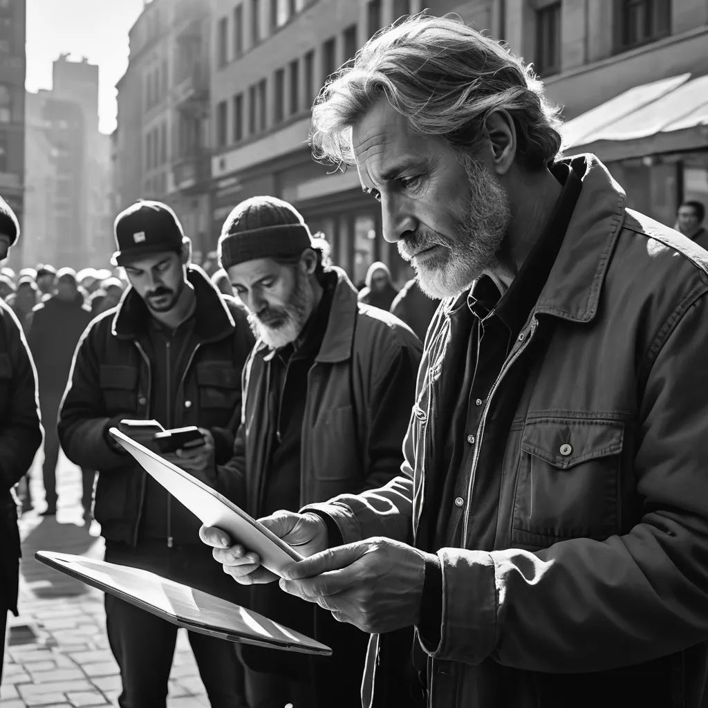 a man looking at a piece of paper while standing in front of a group of people on a street, neoism, a black and white photo, Erwin Bowien, cinematic photography