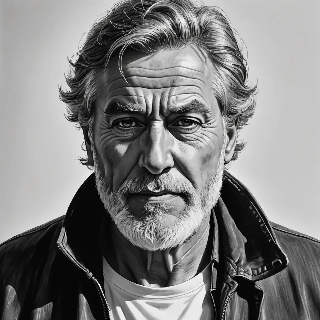 a drawing of a man with a beard and a jacket on, looking at the camera with a serious look on his face, hyperrealism, an ultrafine detailed painting, Breyten Breytenbach, highly detailed digital painting