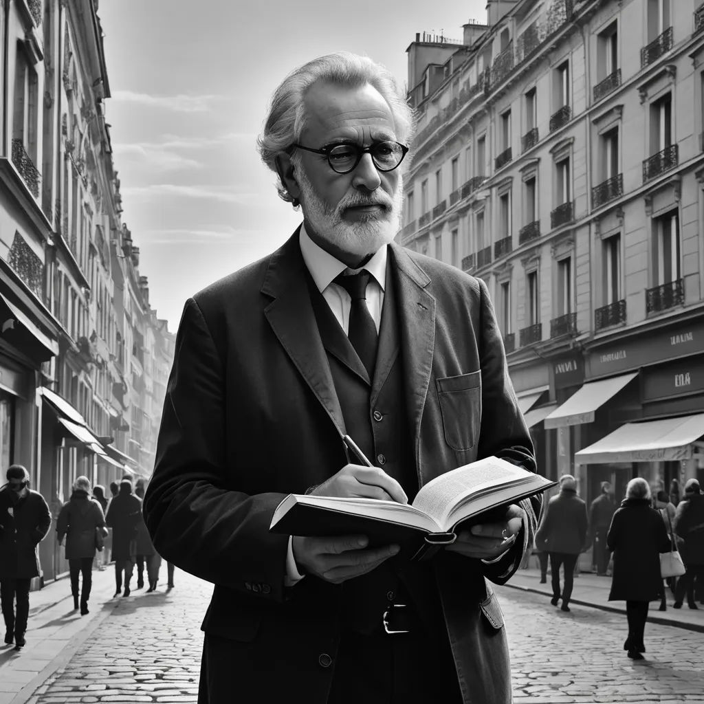 a man in a suit and tie holding a book in his hands while standing on a street lined with people, arts and crafts movement, a photorealistic painting, Bernard Meninsky, cinematic photography
