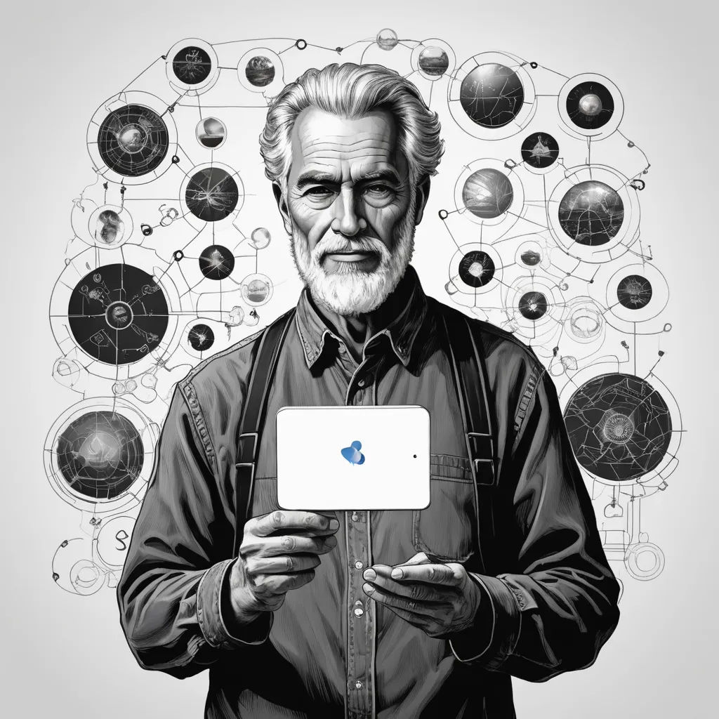 a man holding a tablet in front of a drawing of a man with a beard and glasses on his face, art & language, an ultrafine detailed painting, Drew Struzan, criterion collection