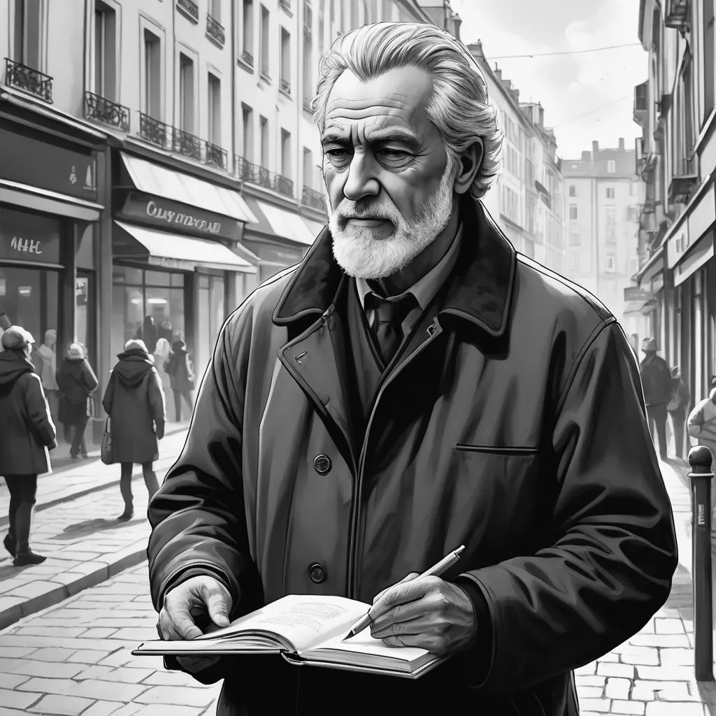 a man in a coat is holding a book and pen in his hand while walking down a street lined with people, modern european ink painting, an ultrafine detailed painting, Eric de Kolb, professional digital painting