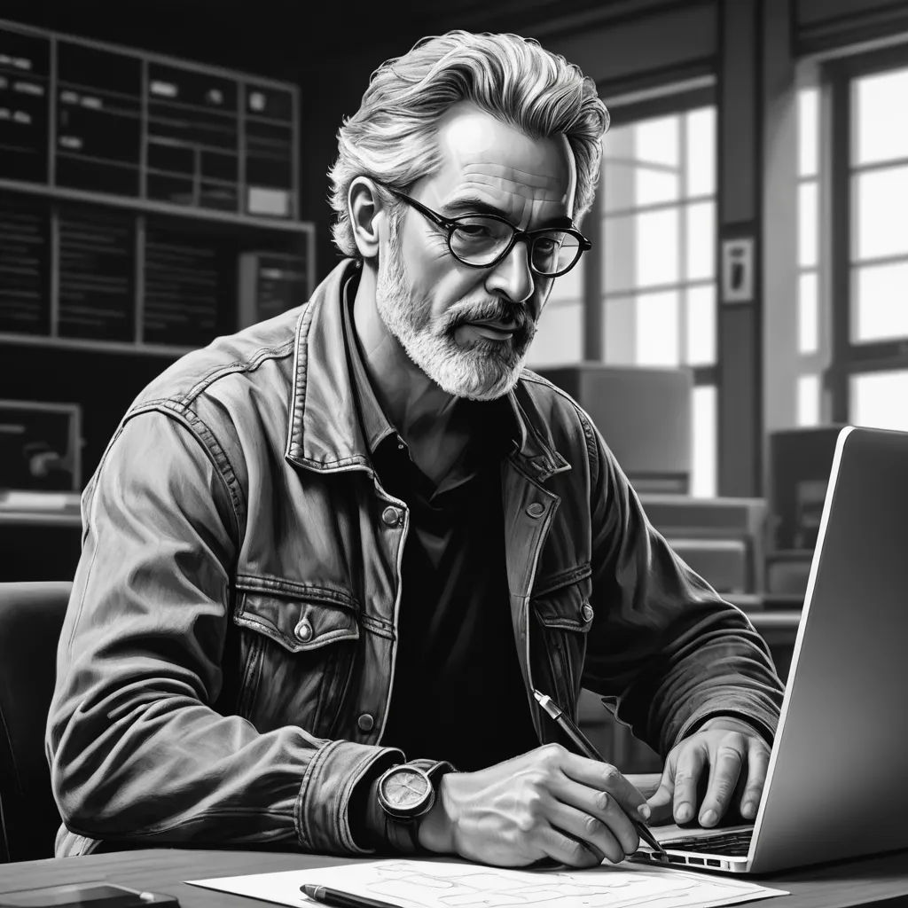a man sitting at a desk with a laptop computer in front of him and a pen in his hand, computer art, computer graphics, Dan Mumford, professional digital painting
