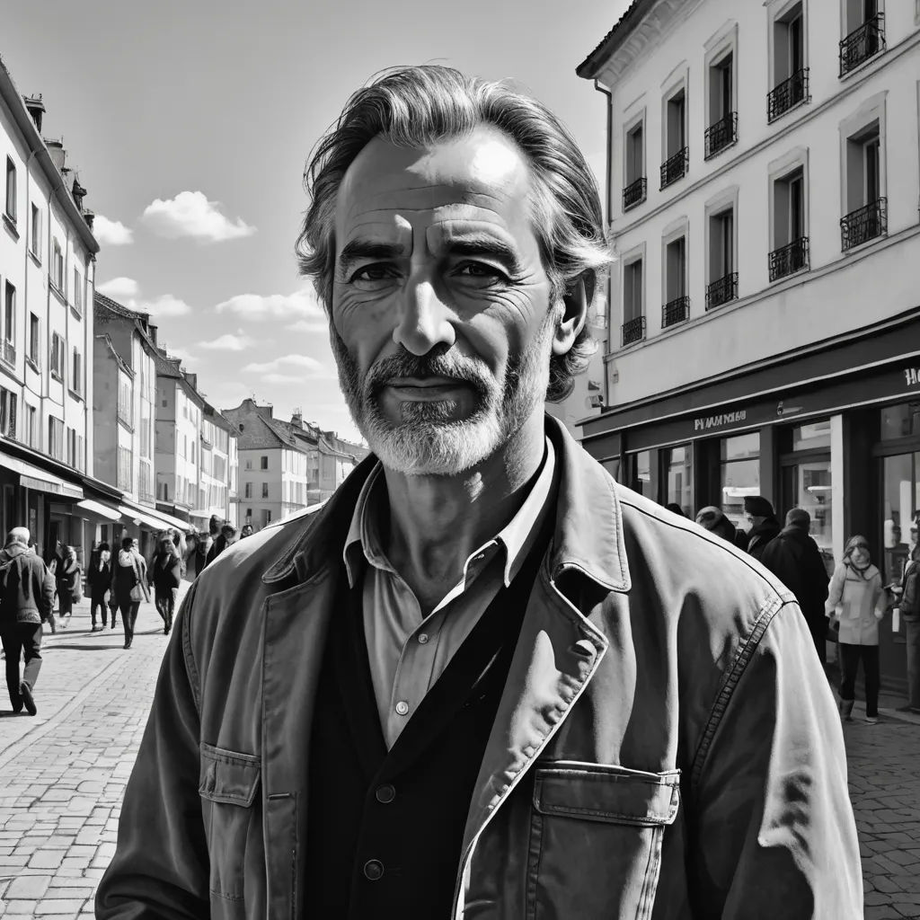 a man standing in front of a building on a street corner with people walking around it and buildings in the background, hyperrealism, a character portrait, Eric de Kolb, portrait photography