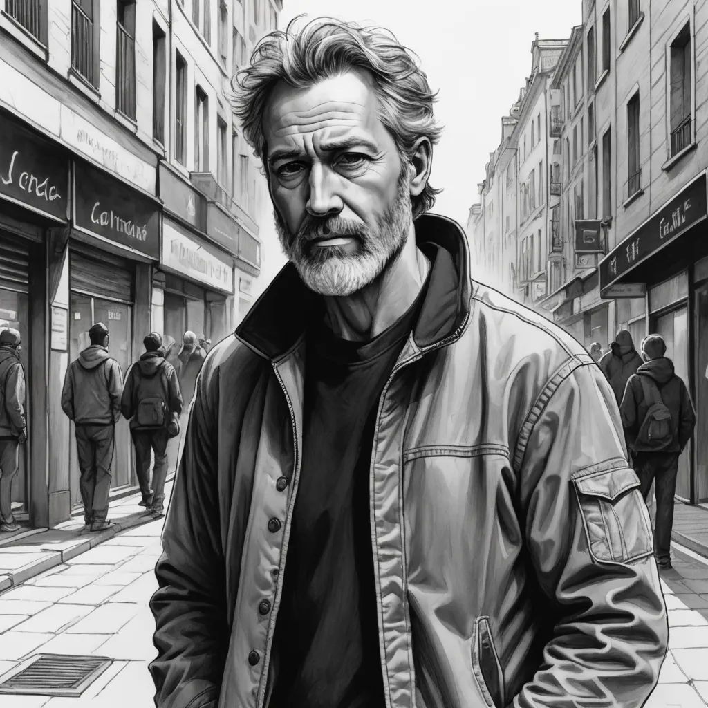 a drawing of a man standing on a street corner with his hands in his pockets and looking at the camera, hyperrealism, an ultrafine detailed painting, David Palumbo, highly detailed digital painting