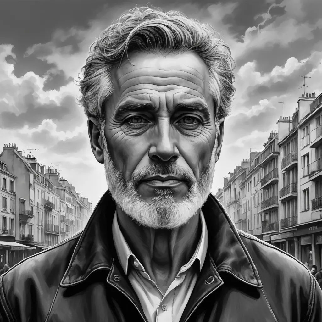 a man with a beard and a leather jacket on a city street with buildings in the background and a cloudy sky, photorealism, an ultrafine detailed painting, Eric de Kolb, highly detailed digital painting