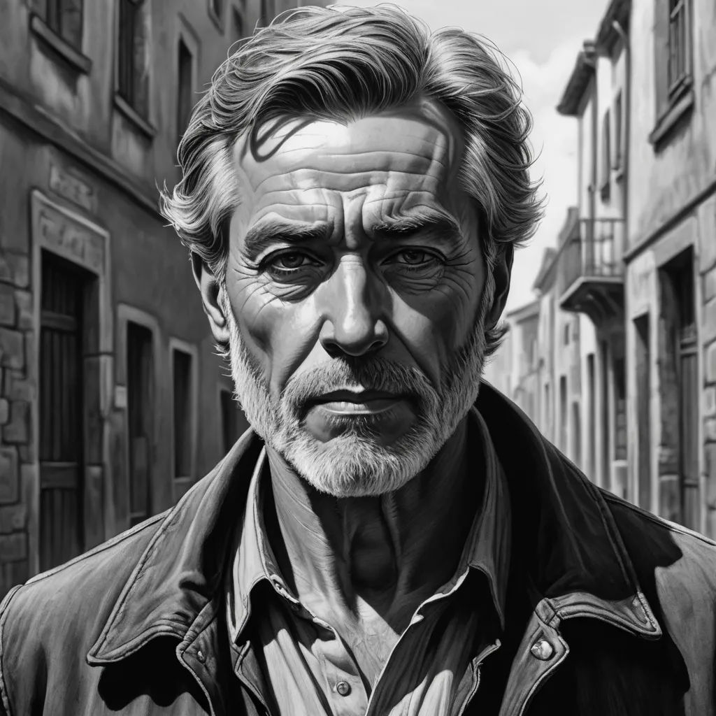 a man with a beard and a jacket on standing in front of a building with a window and a door, photorealism, an ultrafine detailed painting, David Palumbo, highly detailed digital painting