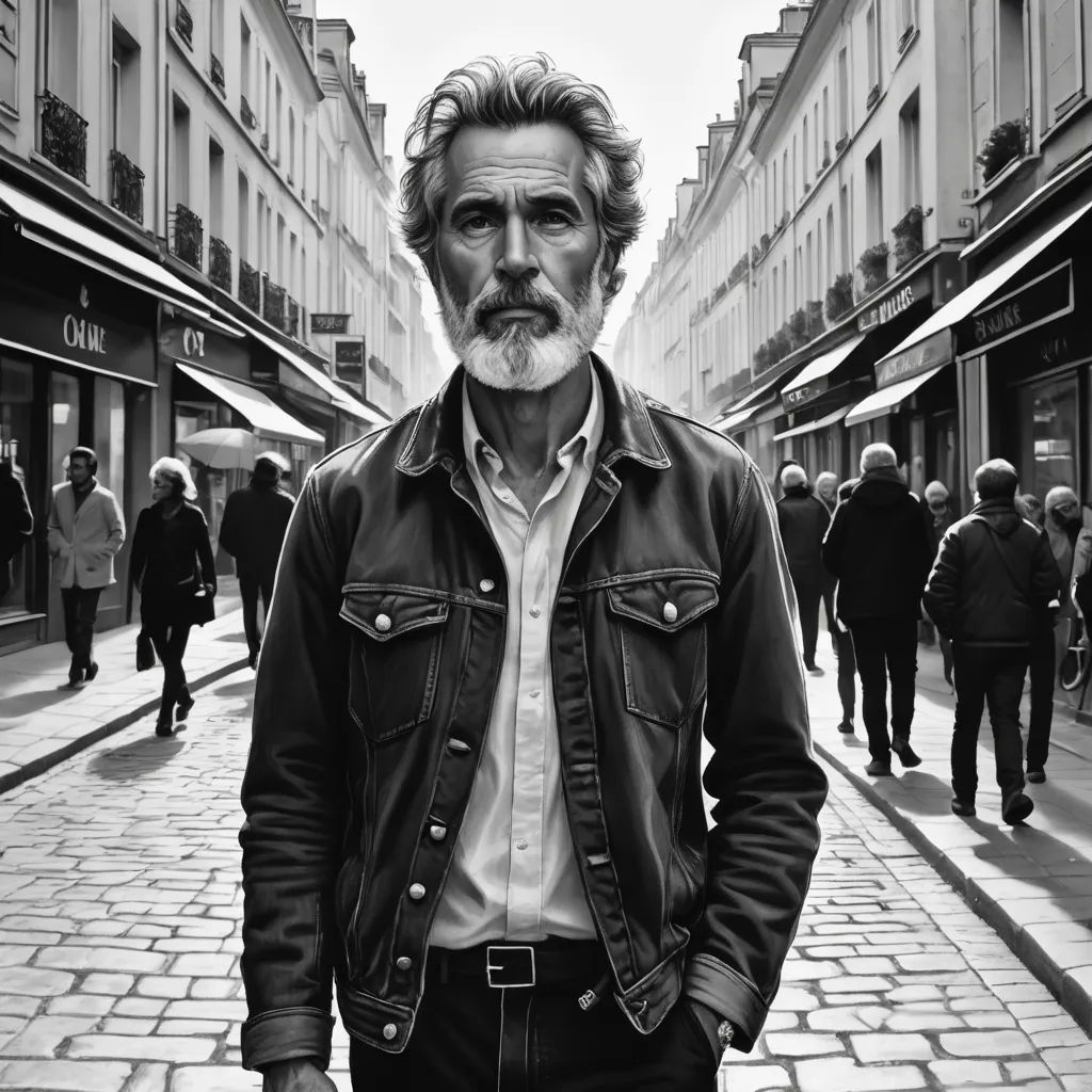 a man with a beard and a moustache standing on a street in a city with people walking around, photorealism, a photorealistic painting, Breyten Breytenbach, photorealistic portrait