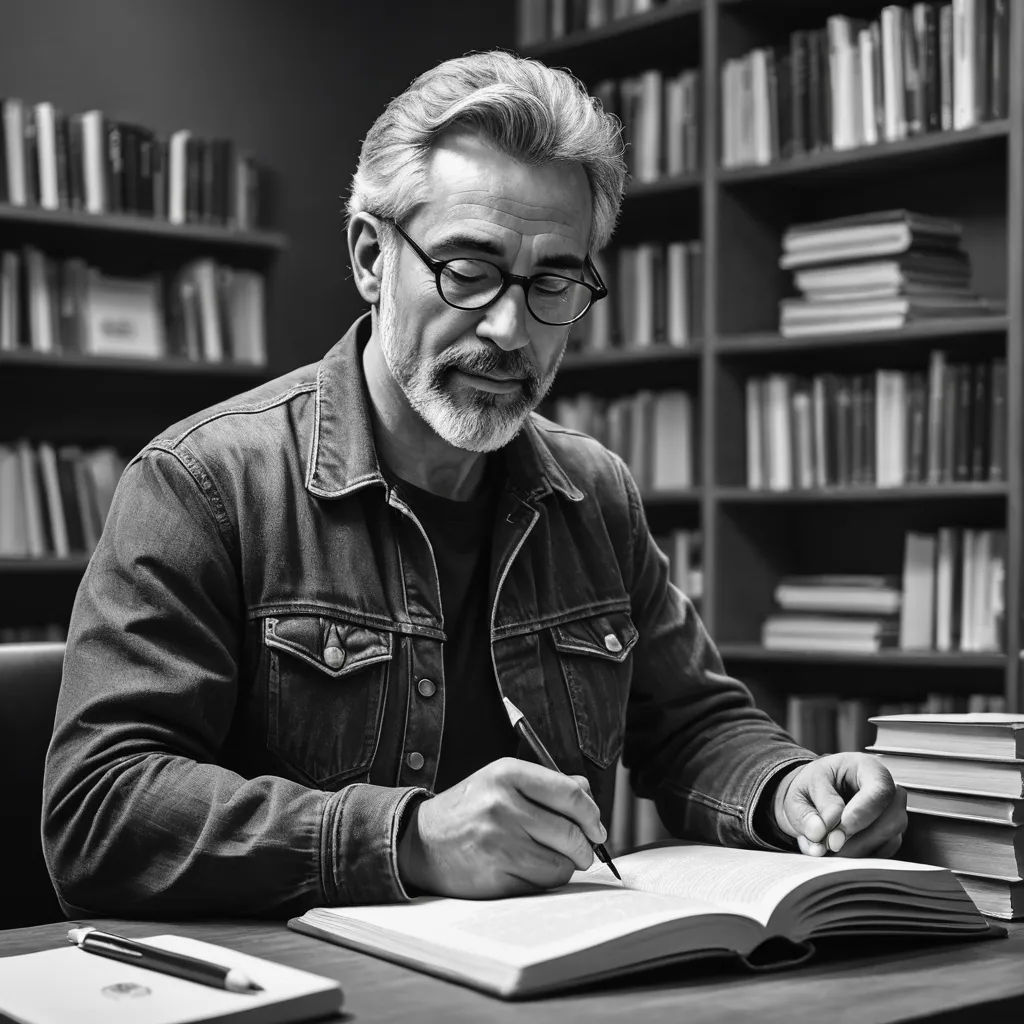 a man sitting at a table with a book and pen in his hand and a book in front of him, academic art, a character portrait, Breyten Breytenbach, offset printing technique