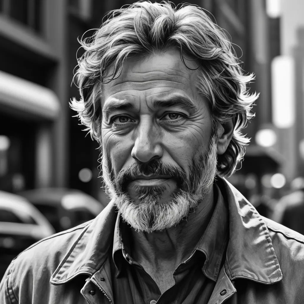 a man with a beard and a beard standing in front of a building in a city street with cars, hyperrealism, an ultrafine detailed painting, Breyten Breytenbach, photorealistic portrait