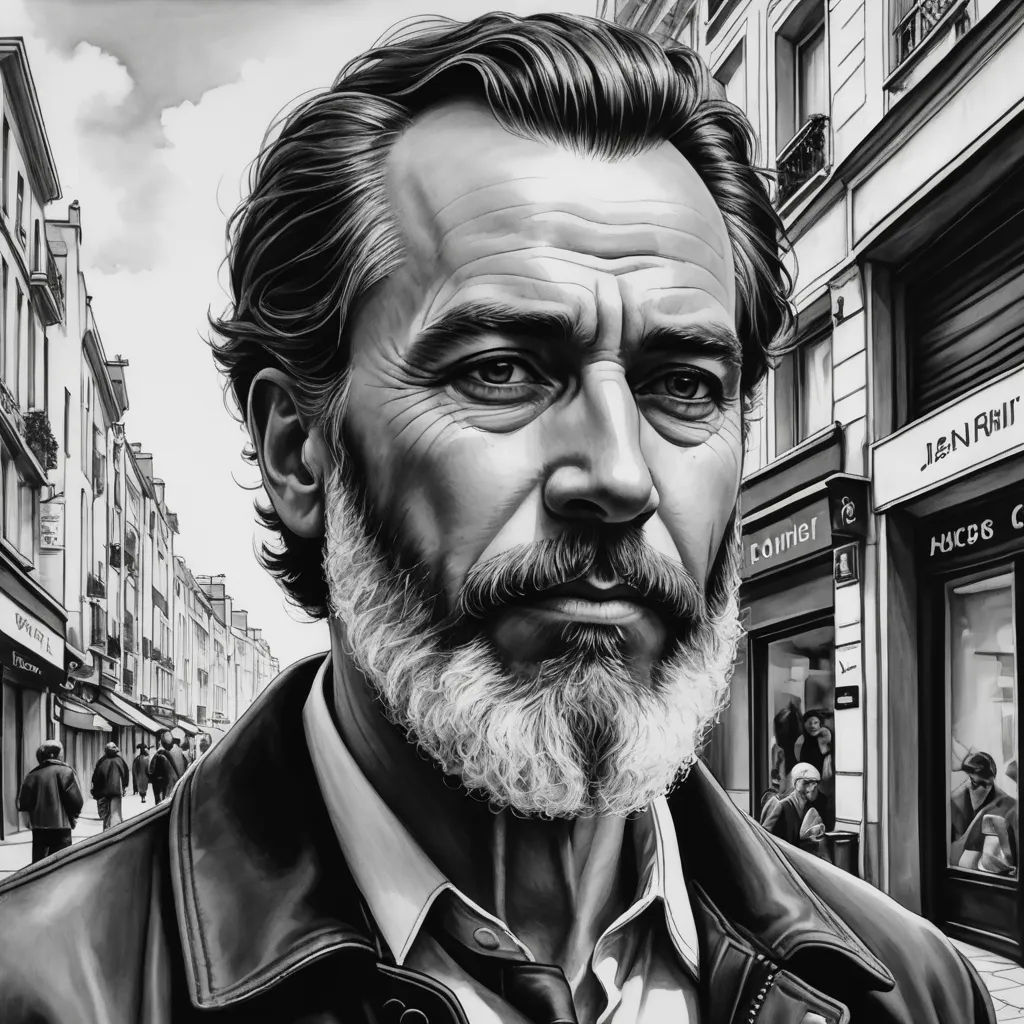 a drawing of a man with a beard and a leather jacket on a city street with people walking by, modern european ink painting, an ultrafine detailed painting, Eric de Kolb, highly detailed digital painting