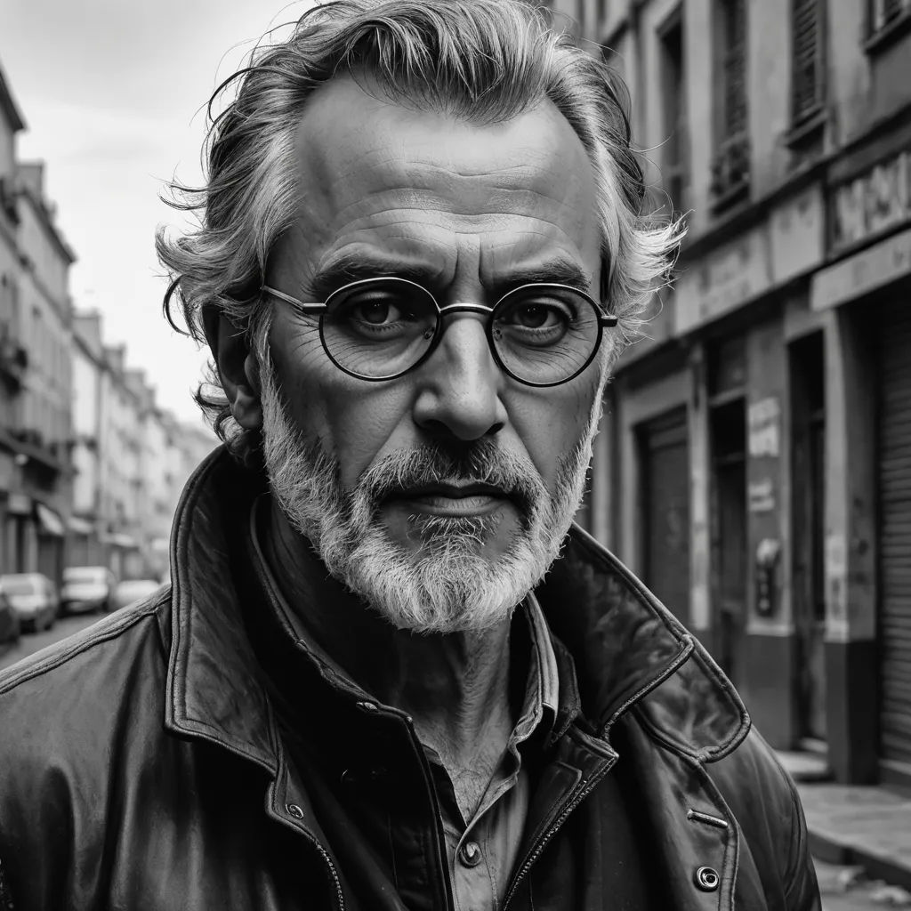 a man with a beard and glasses standing in front of a building on a street corner in a black and white photo, hyperrealism, a character portrait, Breyten Breytenbach, photorealistic portrait