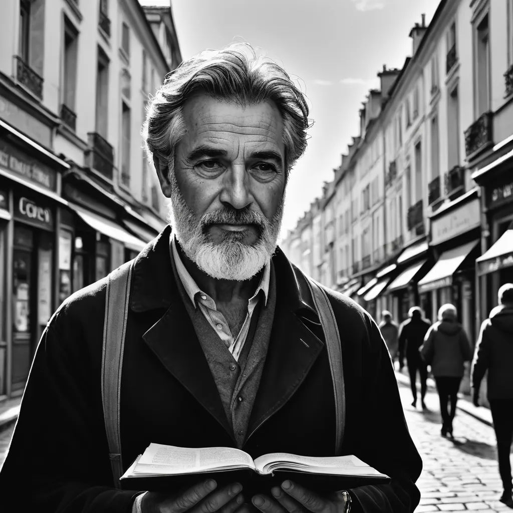 a man with a beard and a beard reading a book on a street corner in a european city with people walking by, art & language, a black and white photo, Breyten Breytenbach, cinematic photography