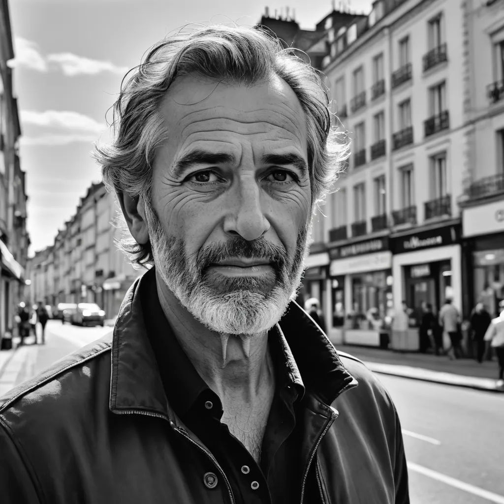 a man with a beard and a leather jacket on a street corner in paris, france, looking at the camera, les automatistes, a portrait, Breyten Breytenbach, thierry doizon